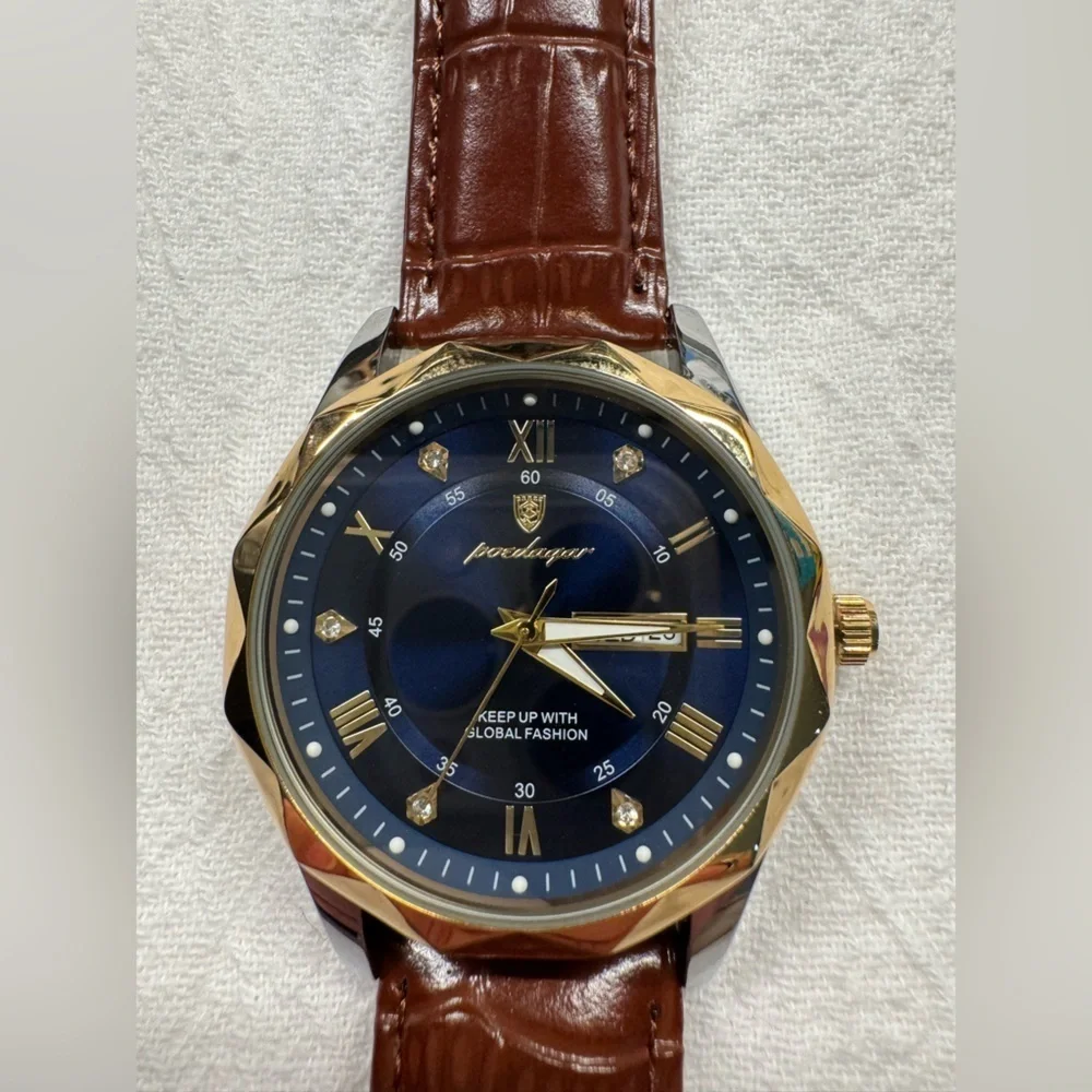 Blue Quartz Watch for Men Leather Band Waterproof Luminous Date Week NEW